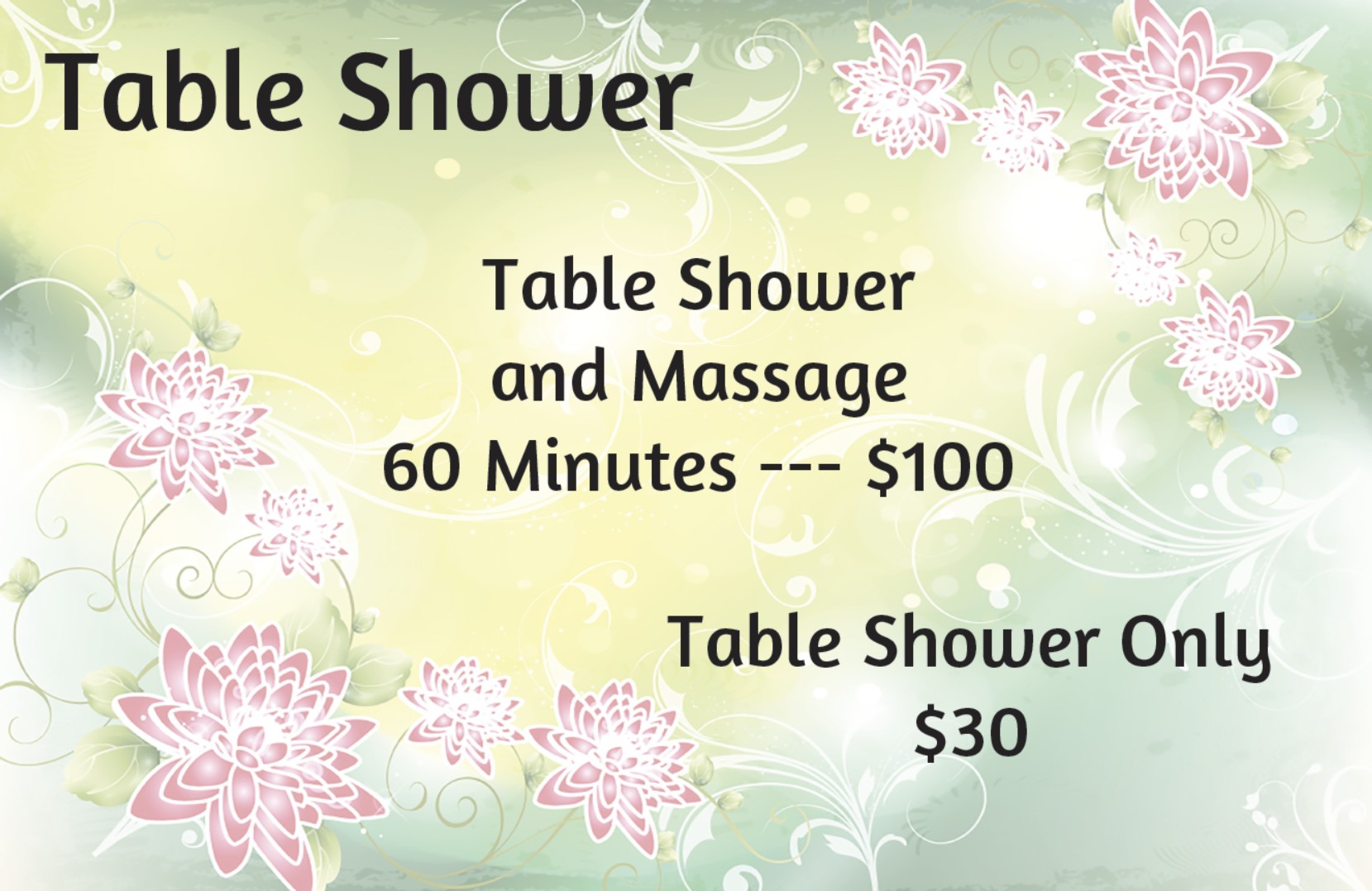 Table shower service options and prices at Milton Massage